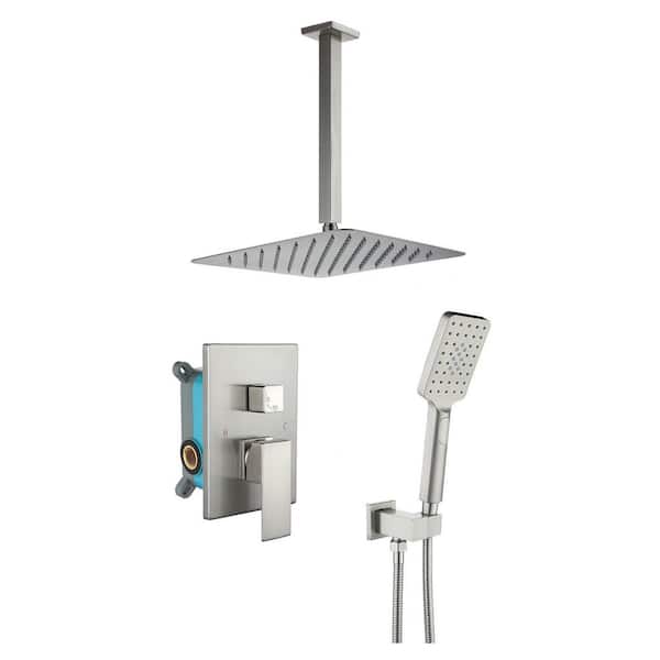 Flynama 2-Spray Patterns 2.2 GPM 12 in. Ceiling Mount Rain Dual Shower Heads with Shower Head and Hand Shower in Brushed Nickel