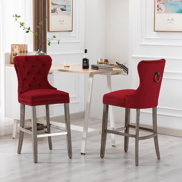 Harper 29 in. Red Velvet Tufted Wingback Kitchen Counter Bar Stool with Solid Wood Frame in Antique Gray (Set of 2)
