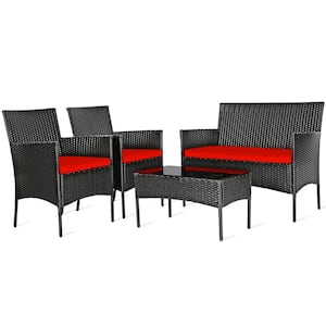 Outdoor 4-Pieces Patio Rattan Conversation Sofa Set with Cushions and Tempered Glass Coffee Table, Red