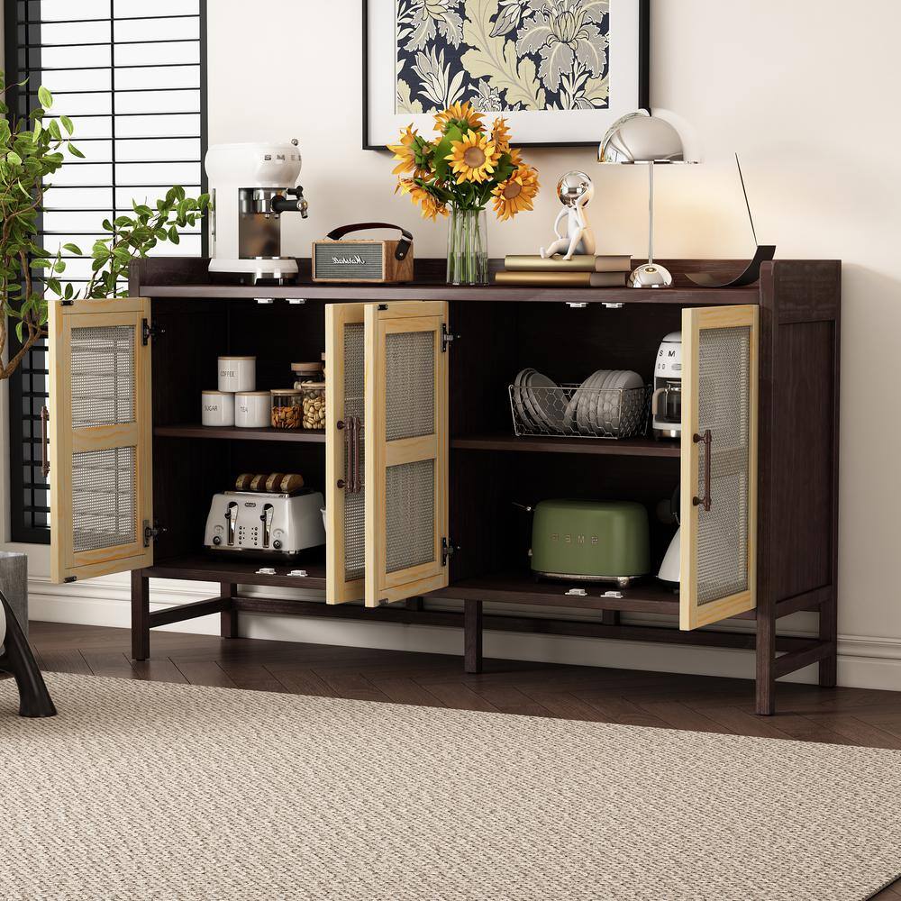 Natural Walnut Wood 60 in. Sideboard with Rattan Doors