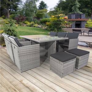 Gray 11-Piece Wicker Outdoor Dining Set with Black Cushions and Ottomans