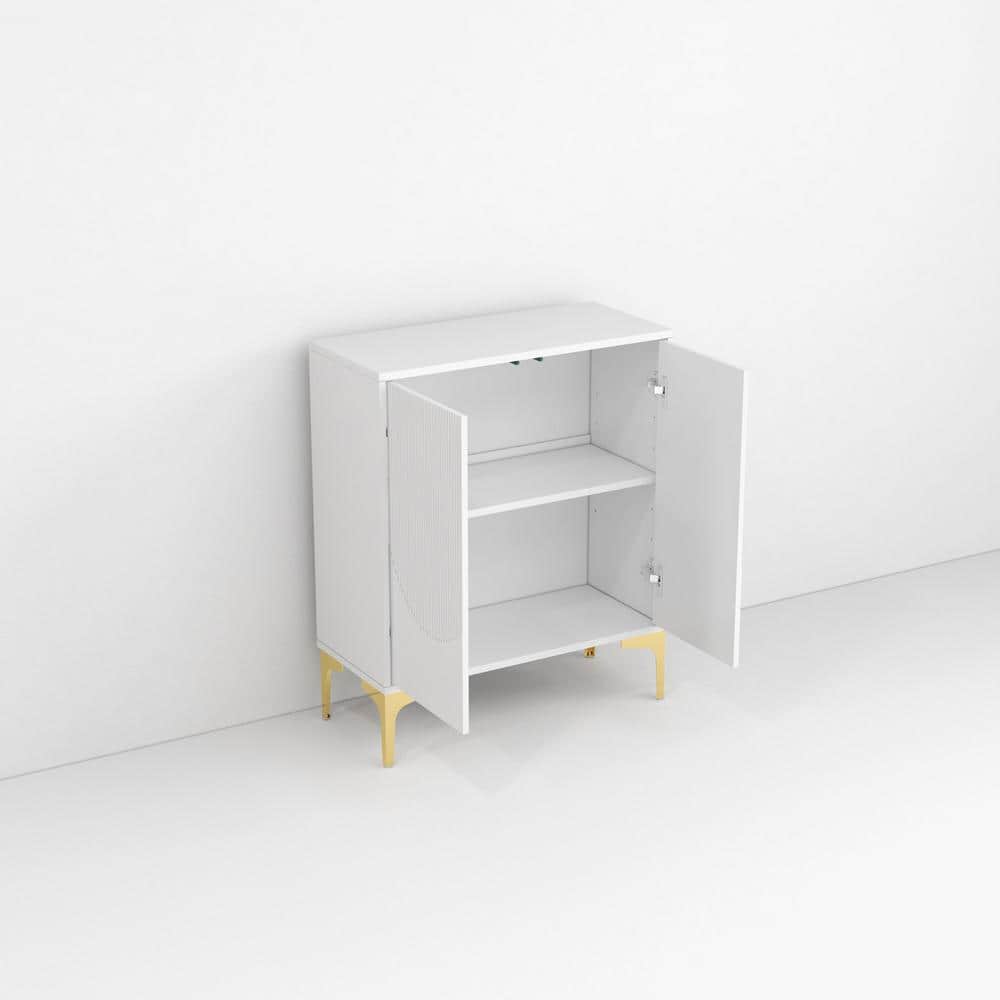 White Fluted Wood 31.7 in. Buffet Sideboard Cabinet with 2 DoorsandAdjustab