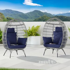 Oversized Outdoor Gray RatTan Egg Chair Patio Chaise Lounge Indoor Basket Chair with Navy Blue Cushion (2-Pieces)