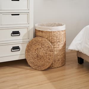 Natural Brown Round Tall Water Hyacinth Woven Wicker Laundry Hamper with Lid (15"x15"x20")