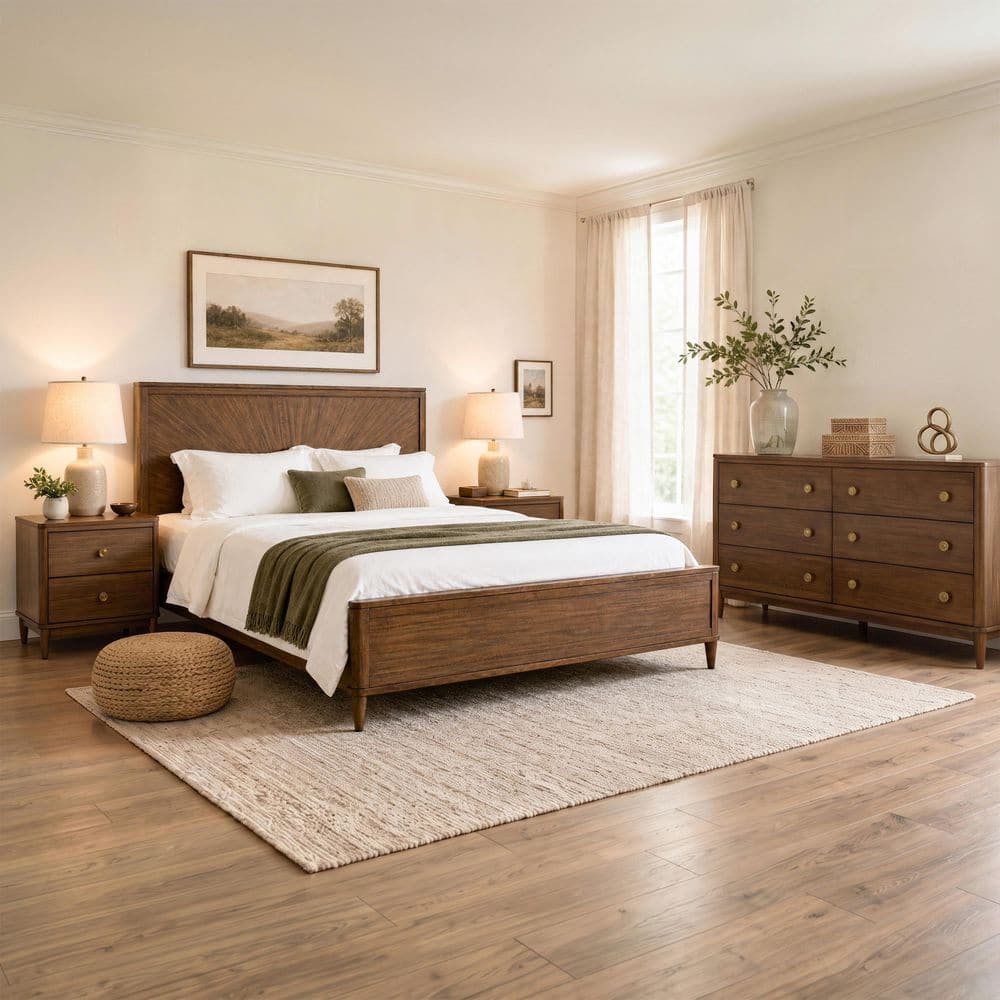 Issac 4-Piece Walnut Wood King Panel Bedroom Set with 2 Nightstands and Dresser price history on PriceWatchPro