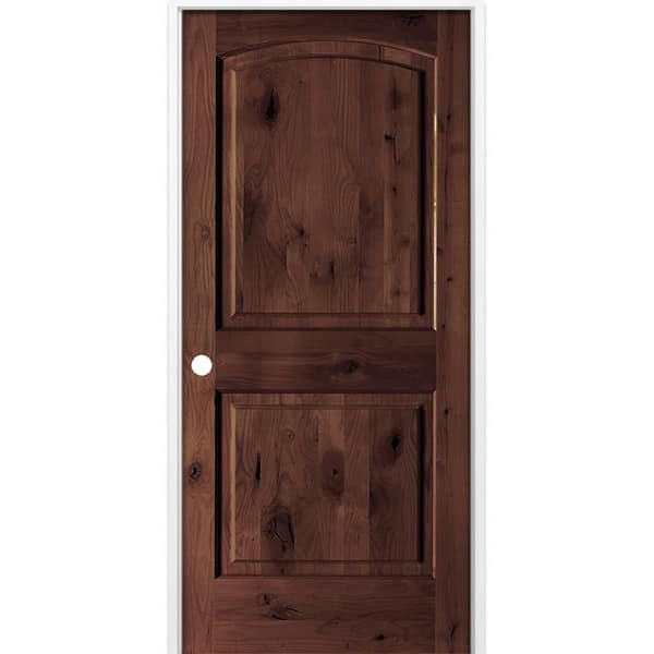 32 in. x 80 in. Rustic 2-Panel Arch Top Right-Hand Red Mahogany Stain Knotty Alder Wood Single Prehung Interior Door
