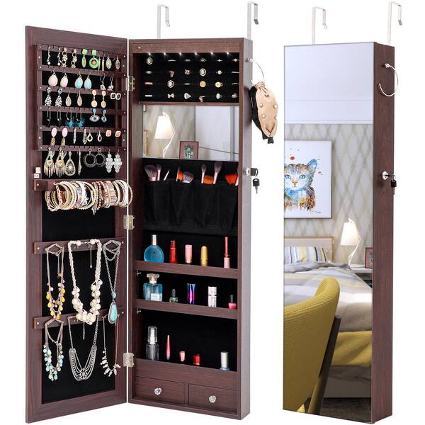 Brown Wall Mount Lockable Storage/Organize Jewelry Armoire Mirror Cabinet  LED Lights 43.6 in. H x 14.4 in. W x 3.9 in. D CamyBN-GI18047W407-JA01 -  The Home Depot