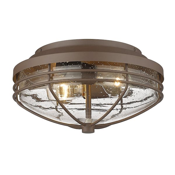 Golden Lighting Seaport 2-Light Textured Bronze Seeded Glass Outdoor Flushmount