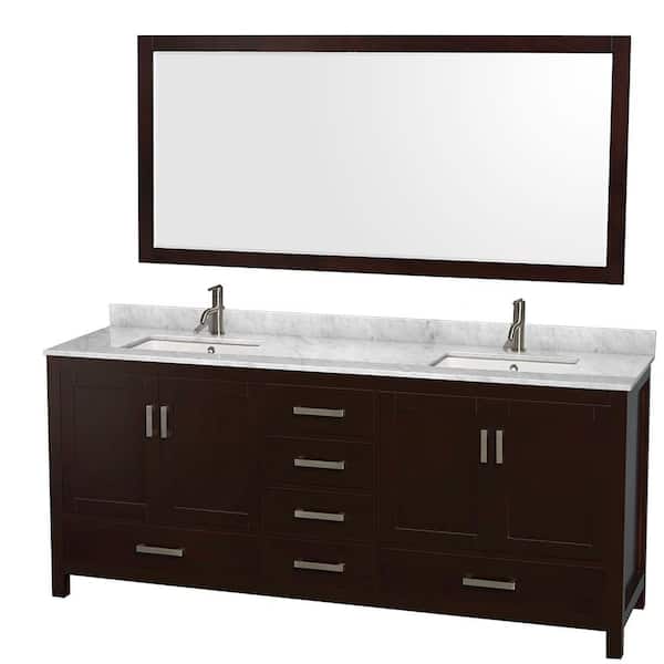 Wyndham Collection Sheffield 80 in. W x 22 in. D x 35 in. H Double Bath Vanity in Espresso with White Carrara Marble Top and 70" Mirror