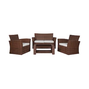 Hudson 4-Piece Brown Wicker Outdoor Patio Loveseat and Armchair Conversation Set with White Cushions and Coffee Table