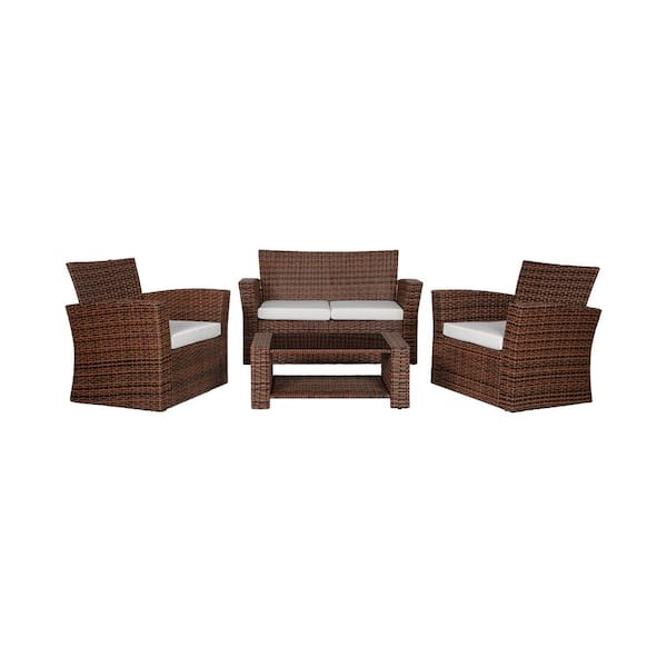 WESTIN OUTDOOR Hudson 4-Piece Brown Wicker Outdoor Patio Loveseat and Armchair Conversation Set with White Cushions and Coffee Table