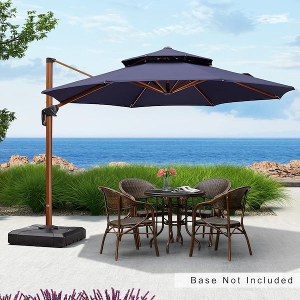 PURPLE LEAF 11 ft. Octagon Sunbrella All-aluminum Octagon 360° Rotation Wood pattern Cantilever Patio Umbrella in Navy Blue