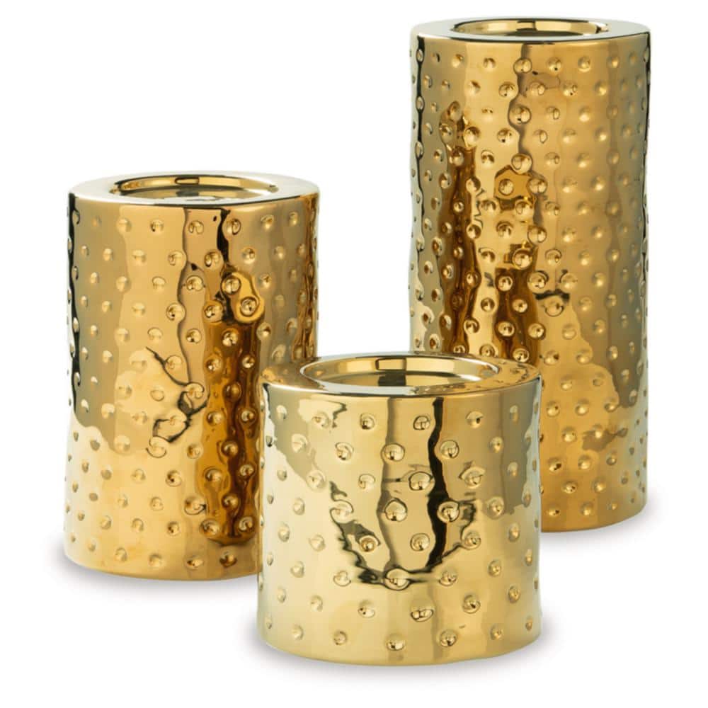 Marisa Gold Glazed Ceramic Contemporary Candle Holder Set