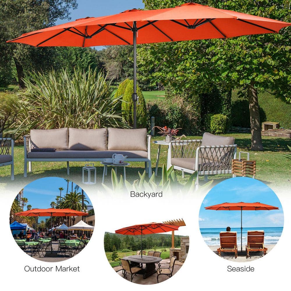 15 ft Orange Double-Sided Patio Umbrella with Crank and Base