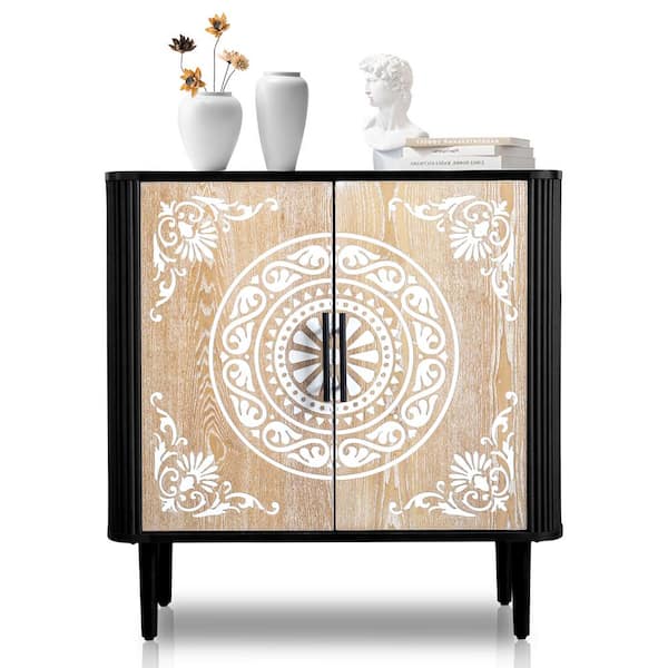 Karl home Carved Black and Yellow Particle Board 31.5 in Dining Sideboard Bohemian Style Cabinet