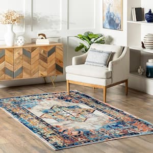 Abby Traditional Medallion Machine Washable Blue 6 ft. x 9 ft. Area Rug