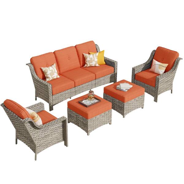 Eureka Grey 5-Piece Wicker Modern Outdoor Patio Conversation Sofa Seating Set with Orange Red Cushions