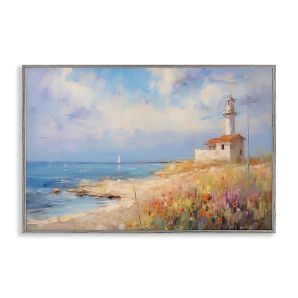 Stupell Industries Vintage Lighthouse View by LSR Design Studio Gray Framed Nature Giclee Art Print 16 in. x 24 in.