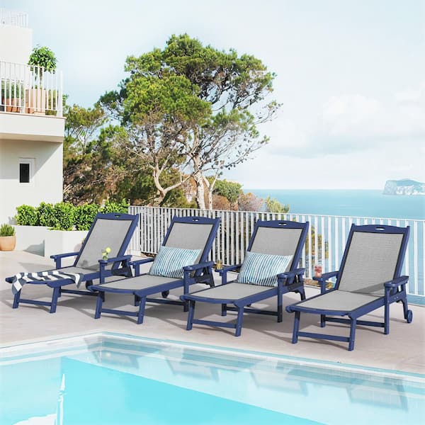 4-Piece Navy HDPS Plastic Patio Outdoor Chaise Lounge Chairs with Wheel Adjustable Textilene Recliner