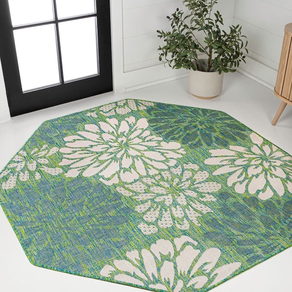 Zinnia Modern Floral Textured Weave Cream/Green 8 ft. Octagon Indoor/Outdoor Area Rug