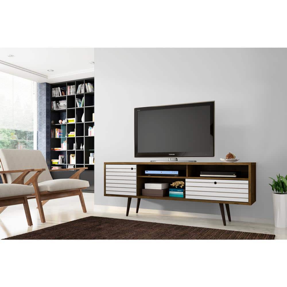Rustic Brown and White Solid Wood 71" TV Stand with Cabinet