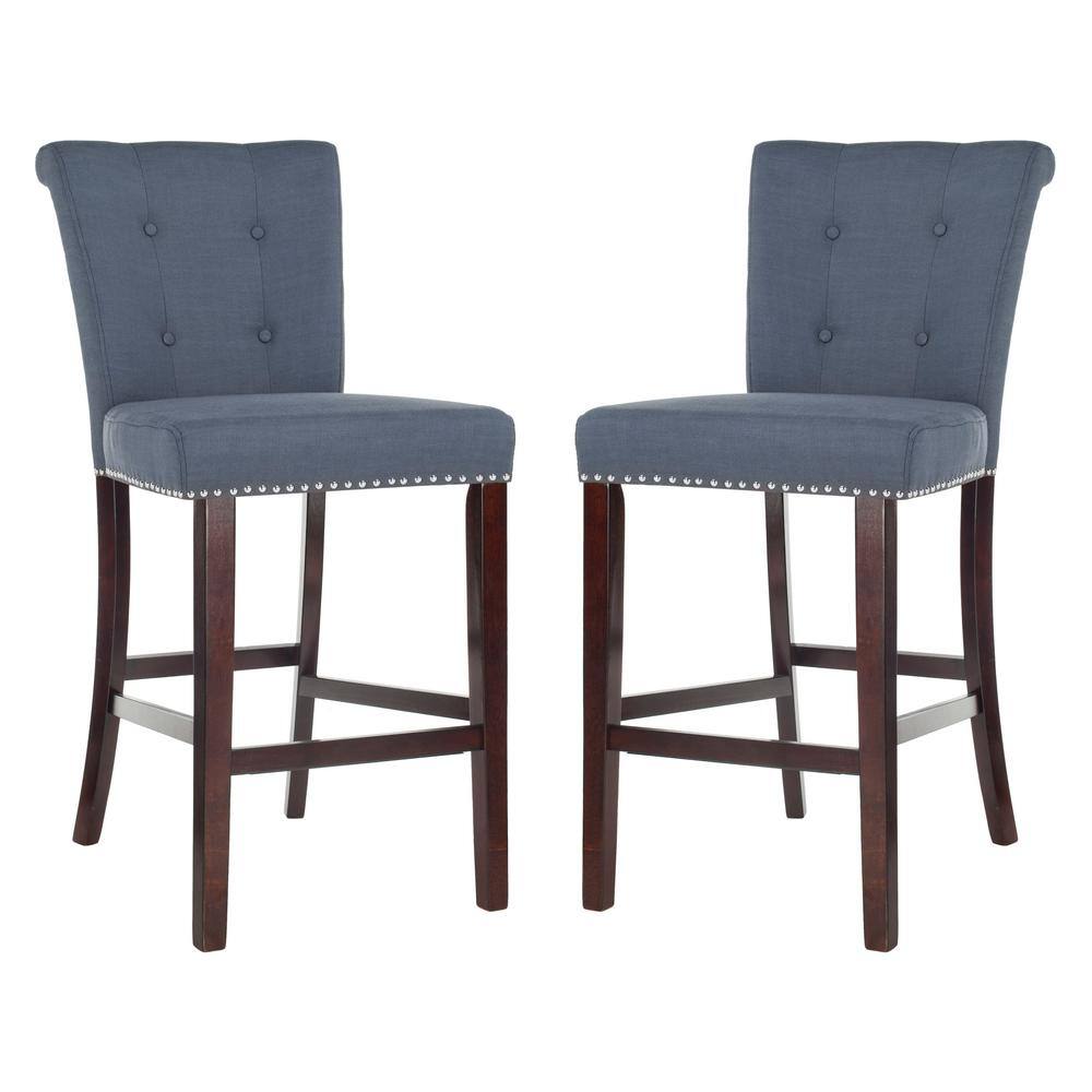 Elegant Transitional Navy Blue Bar Stool with Metal Accents, Set of 2