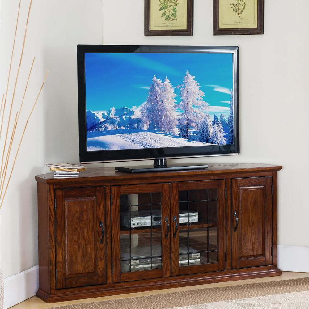 Burnished Oak Corner TV Stand with Blackened Metal Handles