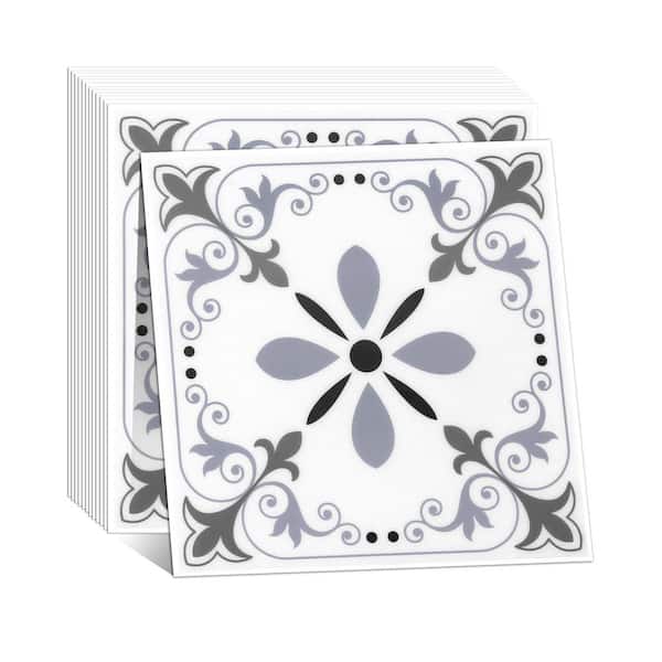 White and Gray 11.8 in. x 11.8 in. PVC Wall Backsplash Floral Peel and Stick Wall Tiles, (10-Pack, Cover 9.6 sq. ft.)
