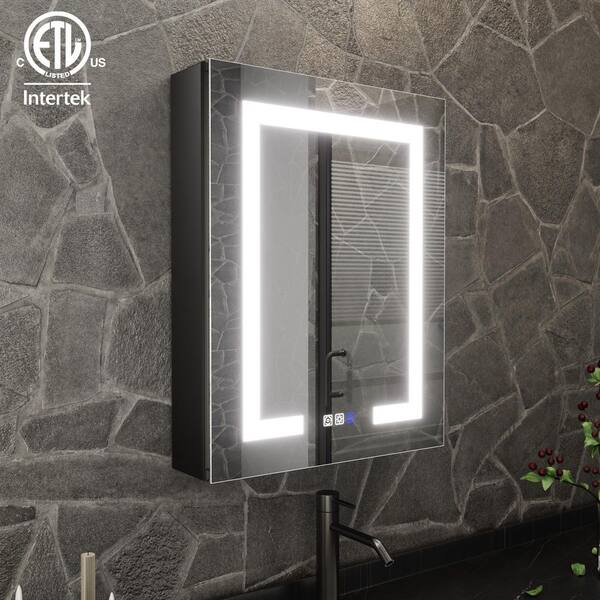 ShineX 20 in. W x 30 in. H Rectangular Black Aluminum Recessed/Surface Mount Right Medicine Cabinet with Mirror LED