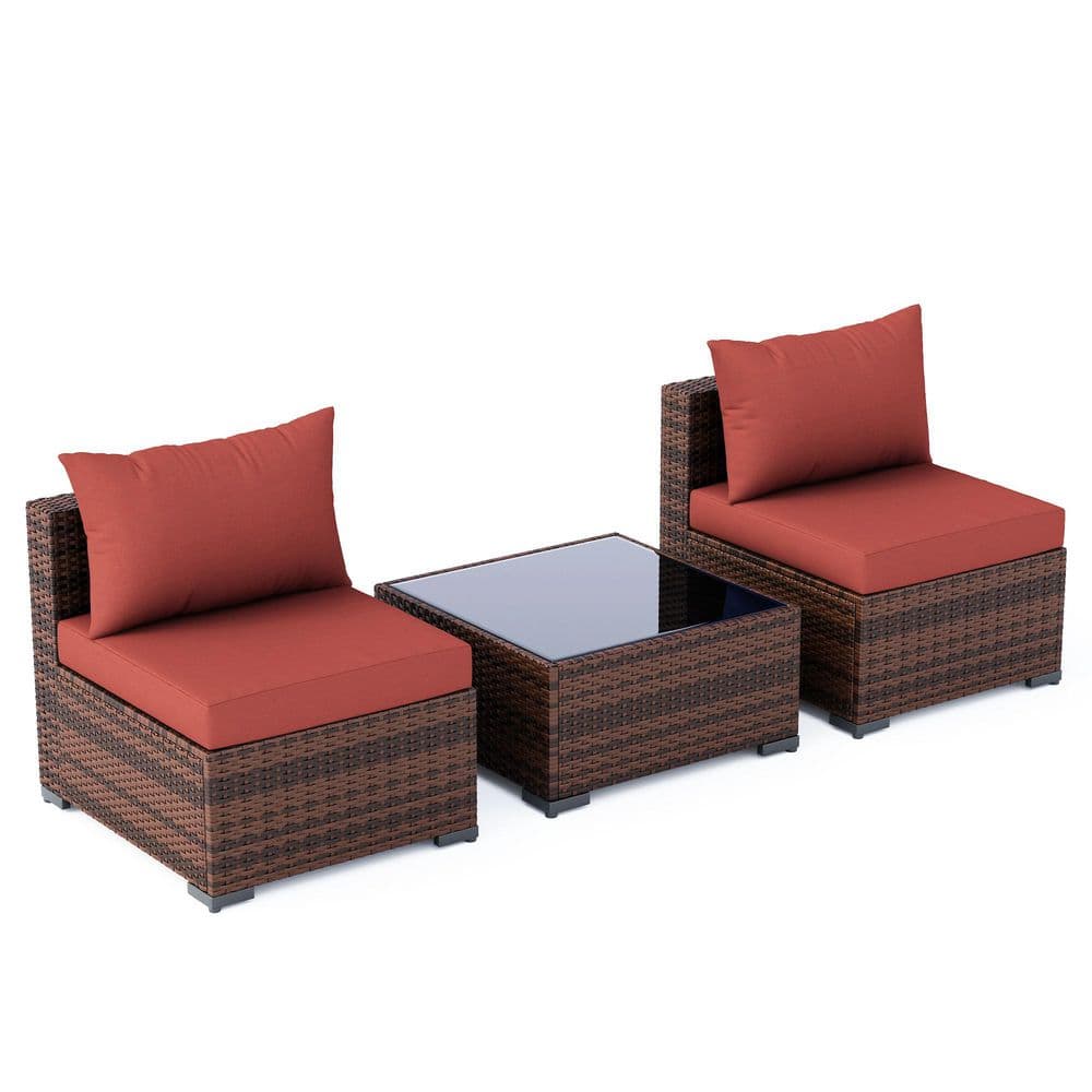 Modular Single Sofa Set 3-Piece Wicker Outdoor Sectional Set with Red Cushions and Glass Table price history on PriceWatchPro