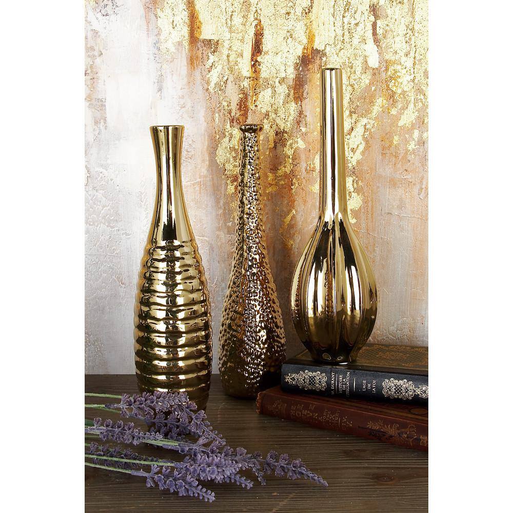 Gold Slim Textured Ceramic Vase Set of Three