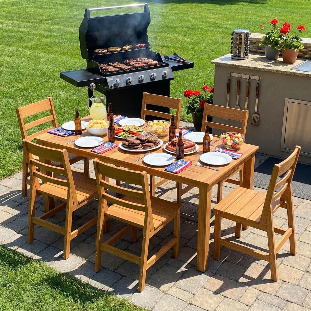 FUFU&GAGA 7-Piece Teak Color HDPE Outdoor Dining Set with Aluminum