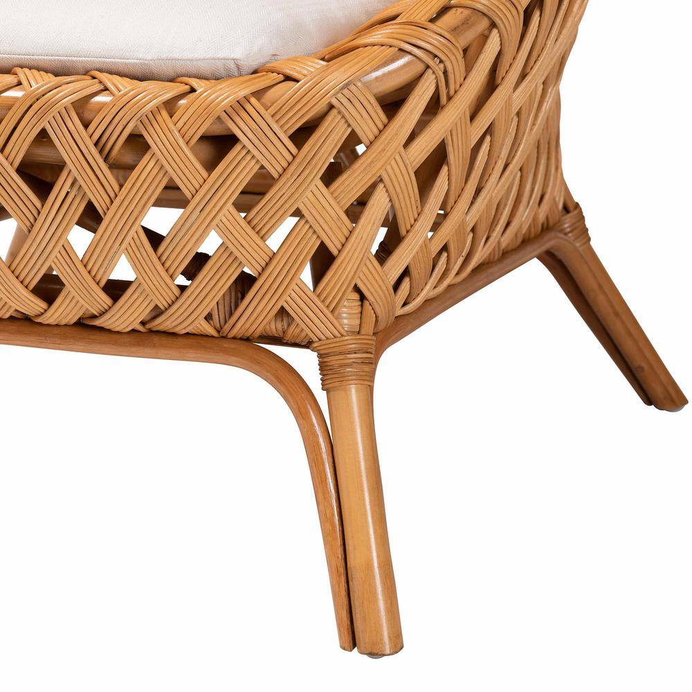 Handcrafted Natural Rattan Bohemian Accent Chair with White Cushion