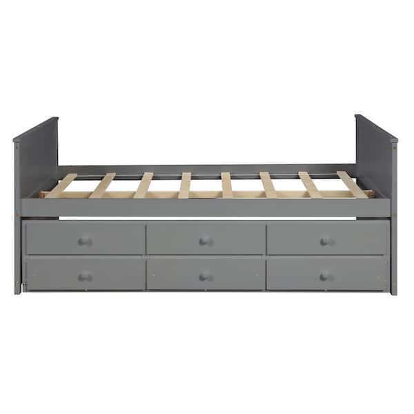 STICKON 78.5 in. W Gray Full Wood Frame Platform Bed with Trundle and 3-Drawers