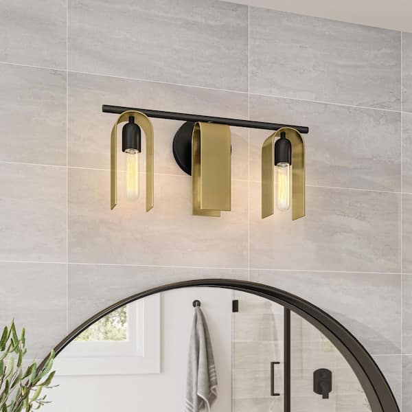 U Turn 18 in. 3-Light Matte Black Glam Vanity Light with Brushed Gold Metal Shades