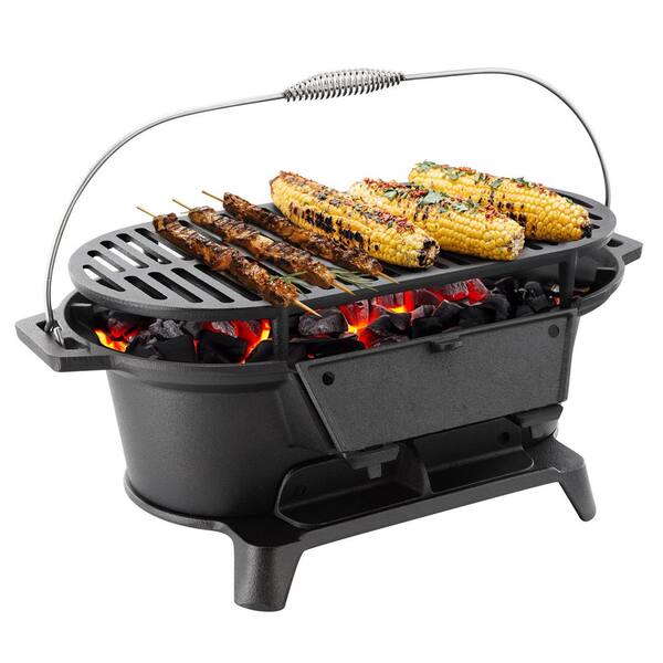 Oval Cast Iron Portable Hibachi Grill for Outdoor Use and Camping in Black