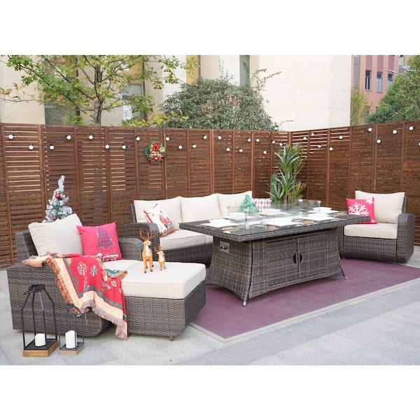 moda furnishings Amy Brown 6-Piece Wicker Patio Fire Pit Conversation Sofa Set with Beige Cushions