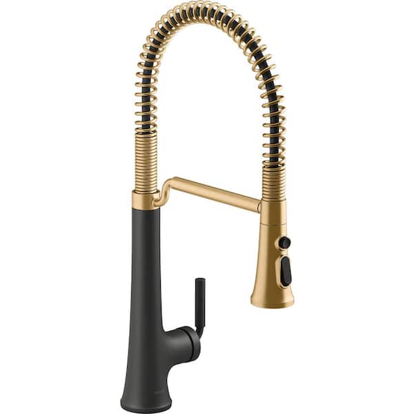 KOHLER Tone Single Handle Pull Down Sprayer Kitchen Faucet in Matte Black with Moderne Brass