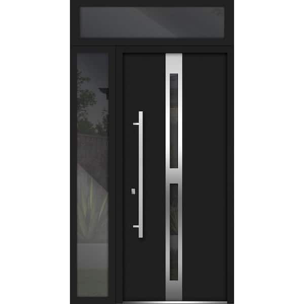 VDOMDOORS 50 in. x 96 in. Right-Hand/Inswing 2 Sidelights Tinted Glass Black Enamel Steel Prehung Front Door with Hardware