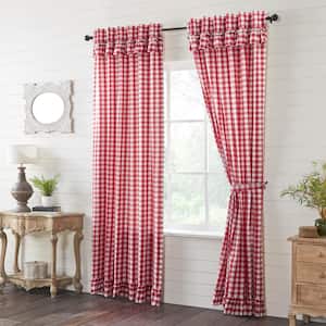 Annie Buffalo Check 50 in W x 96 in L Ruffled Light Filtering Rod Pocket Window Panel in Red Antique White Pair