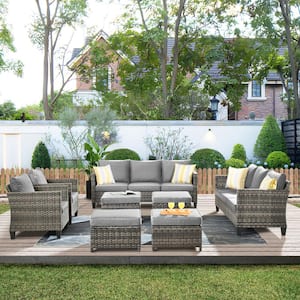 New Vultros Gray 8-Piece Wicker Outdoor Patio Conversation Seating Set with Dark Gray Cushions