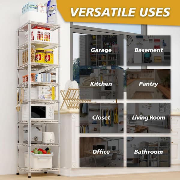 8-Tiers Steel Adjustable Garage Storage Shelving Unit in Sliver with Hooks (17.72 in. W x 70.87 in. H x 17.72 in. D)