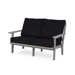 Cape Cod Deep Seating Plastic Outdoor Loveseat with in Stepping Stone/Midnight Linen Cushions