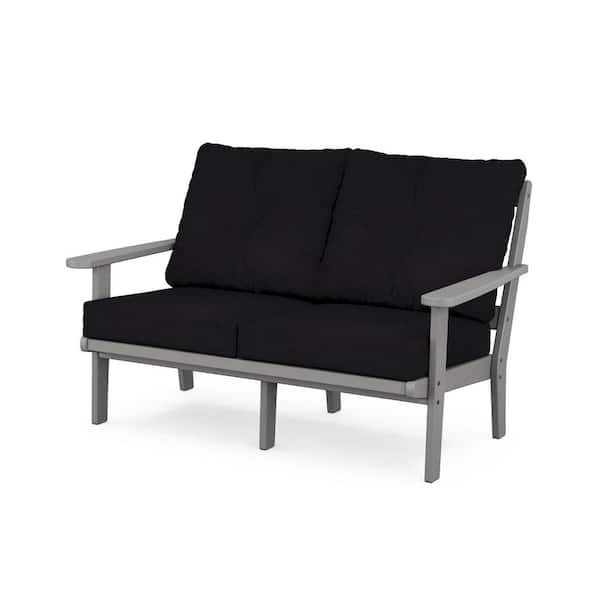 Trex Outdoor Furniture Cape Cod Deep Seating Plastic Outdoor Loveseat with in Stepping Stone/Midnight Linen Cushions