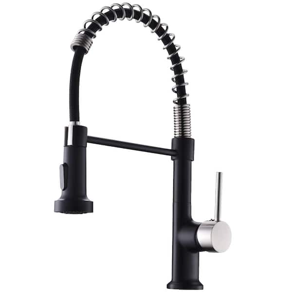 Tahanbath Single Handle Deck Mount Pull Down Sprayer Kitchen Faucet in Matte Black and Brushed Nickel