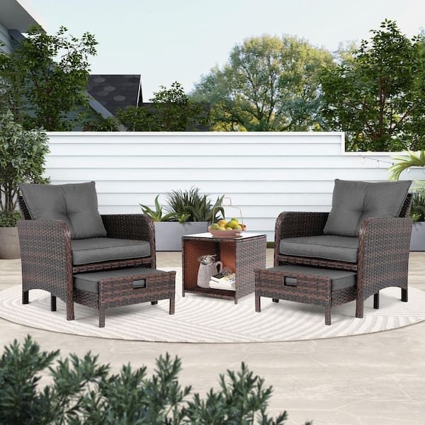 PATIOGUARDER 5-Piece Wicker Lounge Chair Outdoor Rattan Patio Conversation Set with Ottoman and Gray Soft Cushions