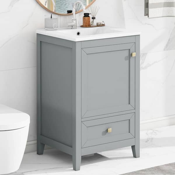 20 in. Freestanding Grey Bath Vanity with White Ceramic Top, Storage Rack and A Drawer
