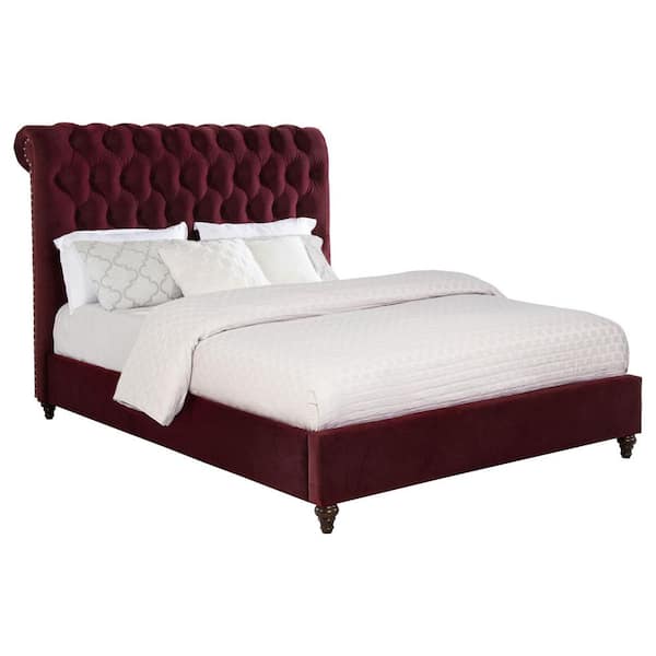 Devon Wine Red Wood Frame Upholstered Queen Panel Bed with Tufted Rolled High Headboard