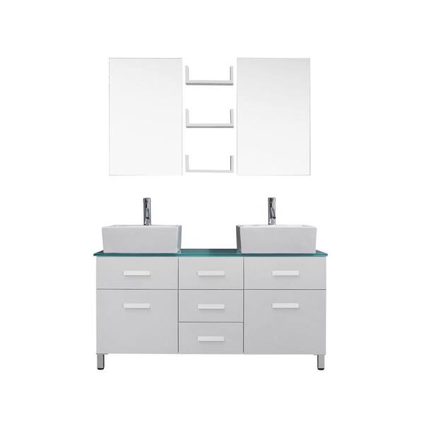 Virtu USA Maybell 55 in. W x 22 in. D Vanity in White with Glass Vanity Top in Aqua with White Basin and Mirror