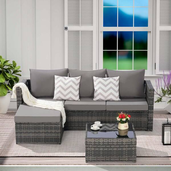 Tenleaf 2-Piece Wicker Patio Conversation Set with Dark Gray Cushions, Ottoman, Detachable Lounger Table